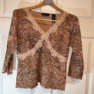 Axcess VTG Liz Claiborne Pink and Brown Paisley Lace Blouse